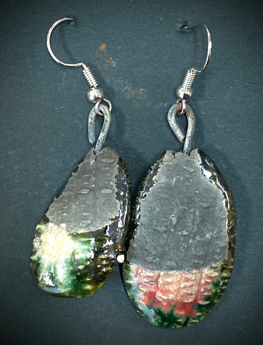 Nice! Raku Two tone Metallic green smokey gray Irregular ovals 1/2 ounces