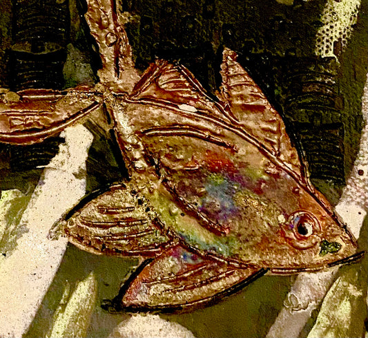 Metallic glazes Raku fired Fish Tile  5" x 4.5" metallic etched 7 ozs