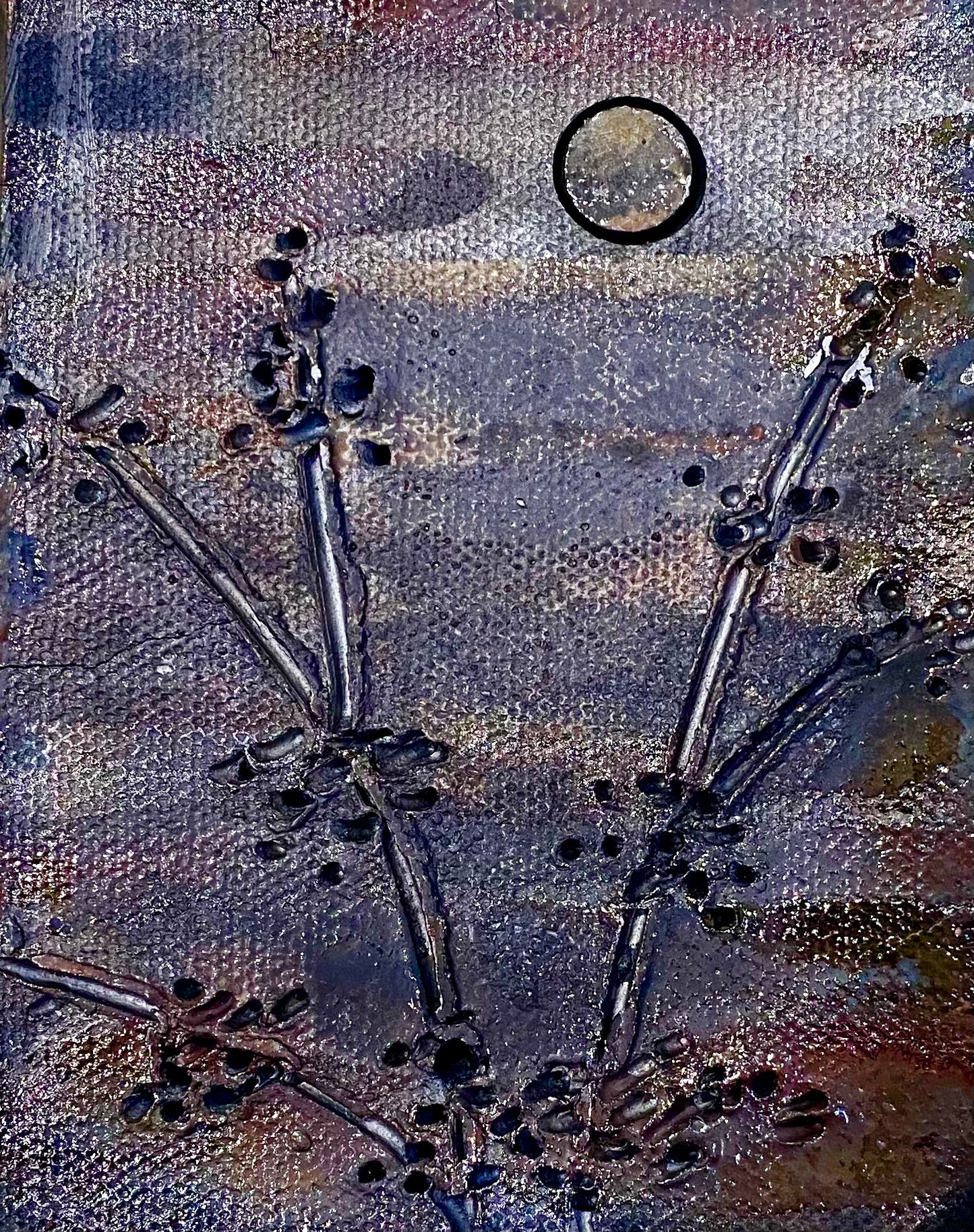 Raku Tree and Moon Tile  4" x 6" metallic etched 7.8 ozs