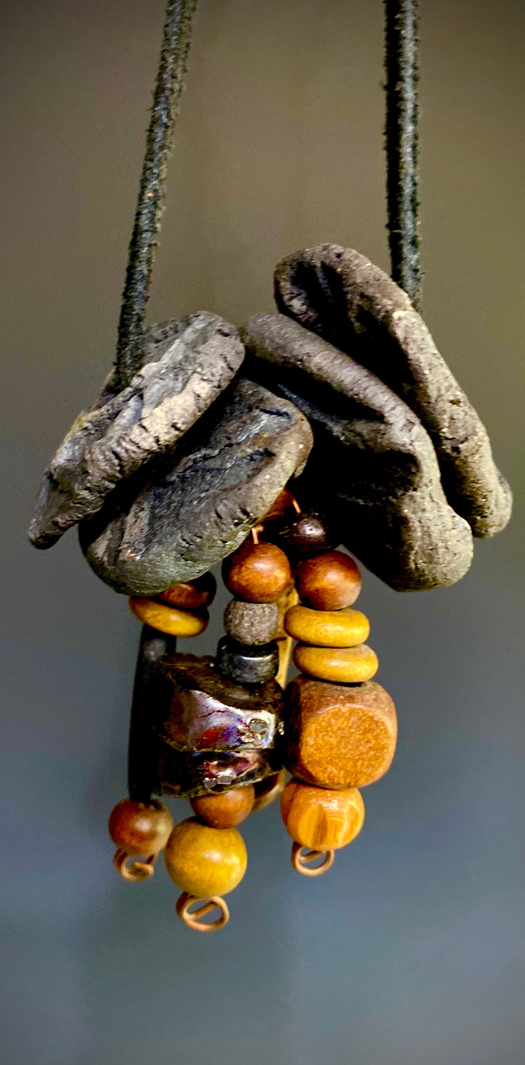  Earthy! 10"  black suede cord.  Earthy wood and Raku beads Tribal!