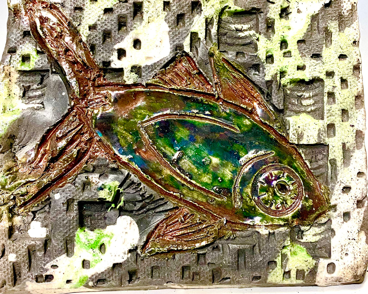 Metallic glazes Raku fired Fish Tile    5" x 4" metallic etched 6.5 ozs