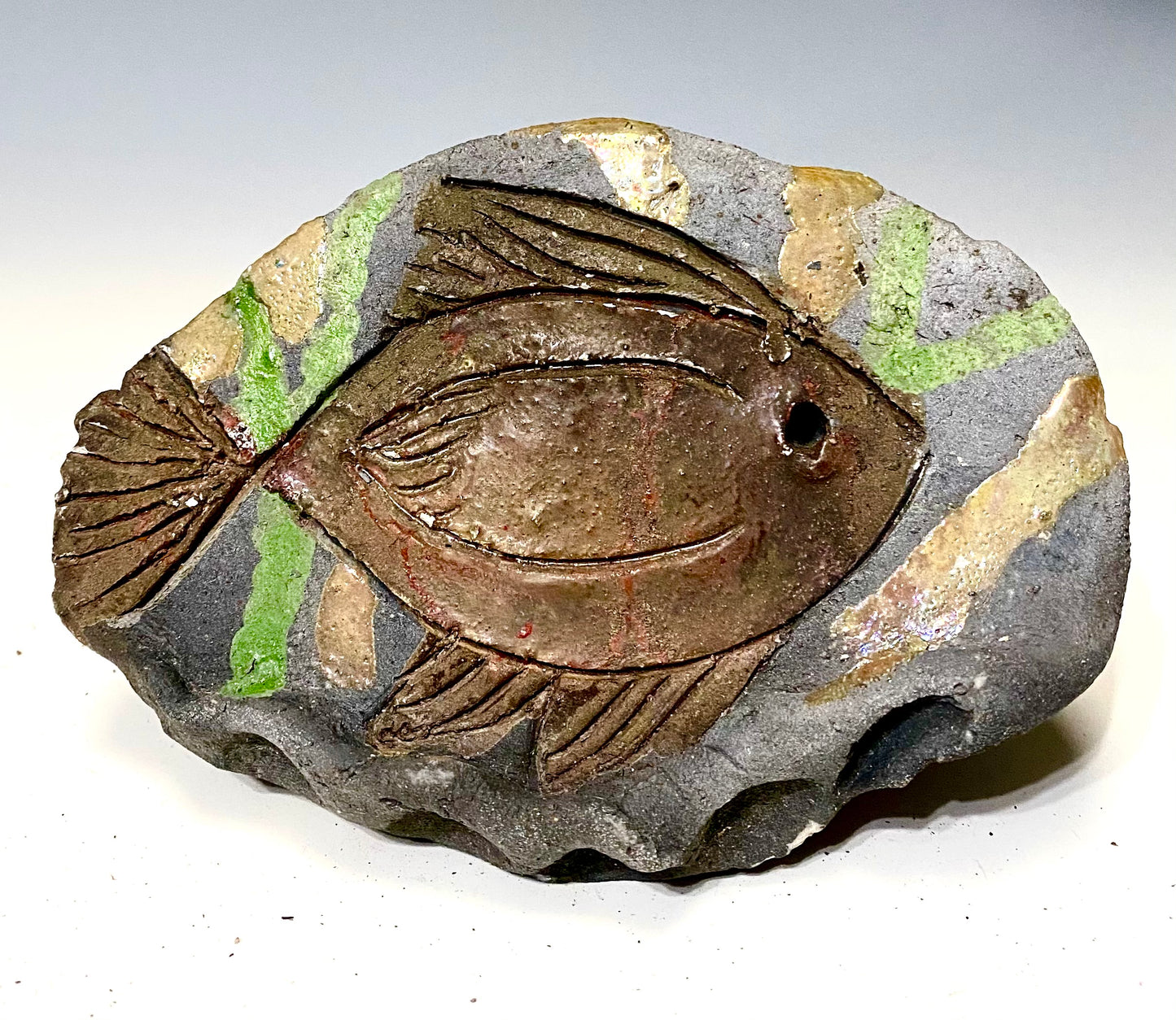 Metallic glazes Raku fired Fish Tile   Irregular 5" x 3" metallic etched 4.75 ozs