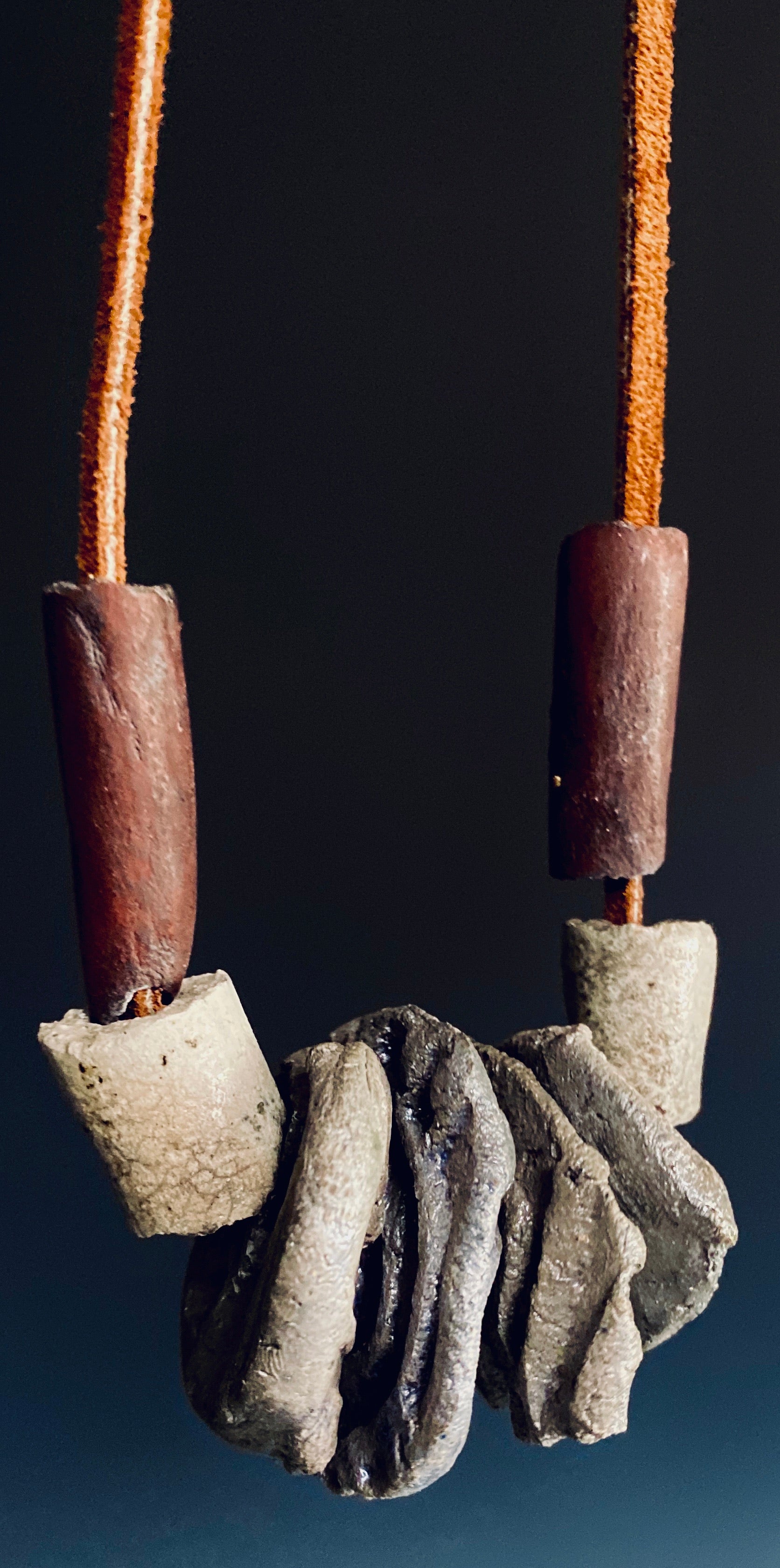 Simple and Beautiful! 8 multi size / color raku beads 8" hang  brown suede cord Amazingly Lightweight! 2.3 ozs!!