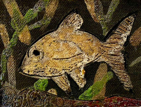 Metallic glazes Raku fired Fish Tile  6" x 3.5"  metallic etched 4.5 ozs