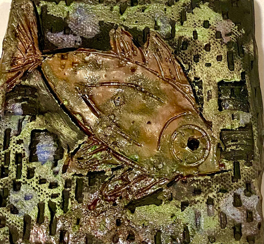 Metallic glazes Raku fired Fish Tile  4.5" x 4.5" metallic etched 4.5 ozs