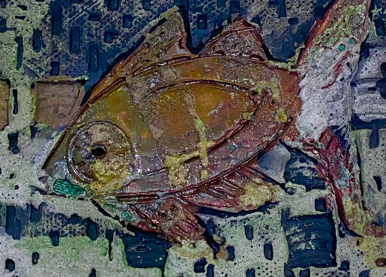  Metallic glazes Raku fired Fish Tile  3.5" x 4.5" metallic etched 6 ozs