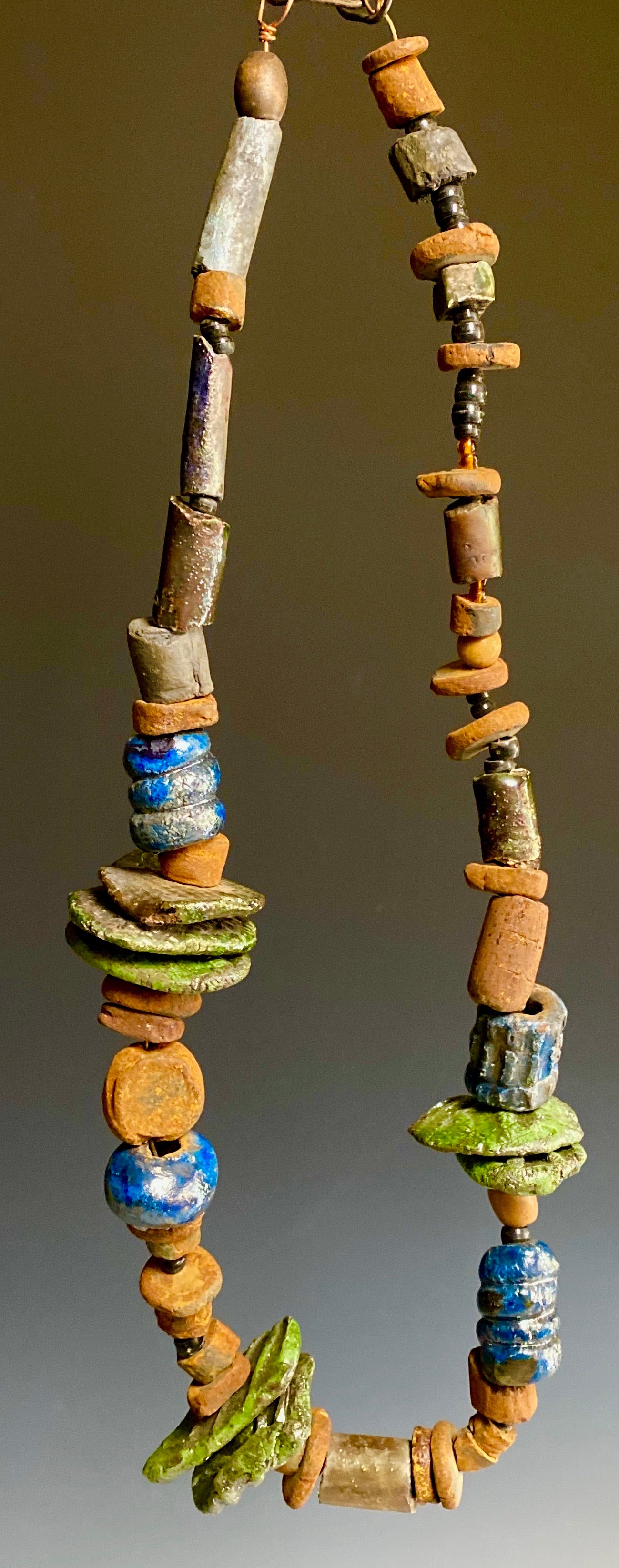 Earthy! 18” long over 40 multi colored copper raku beads Tribal! Lightweight!