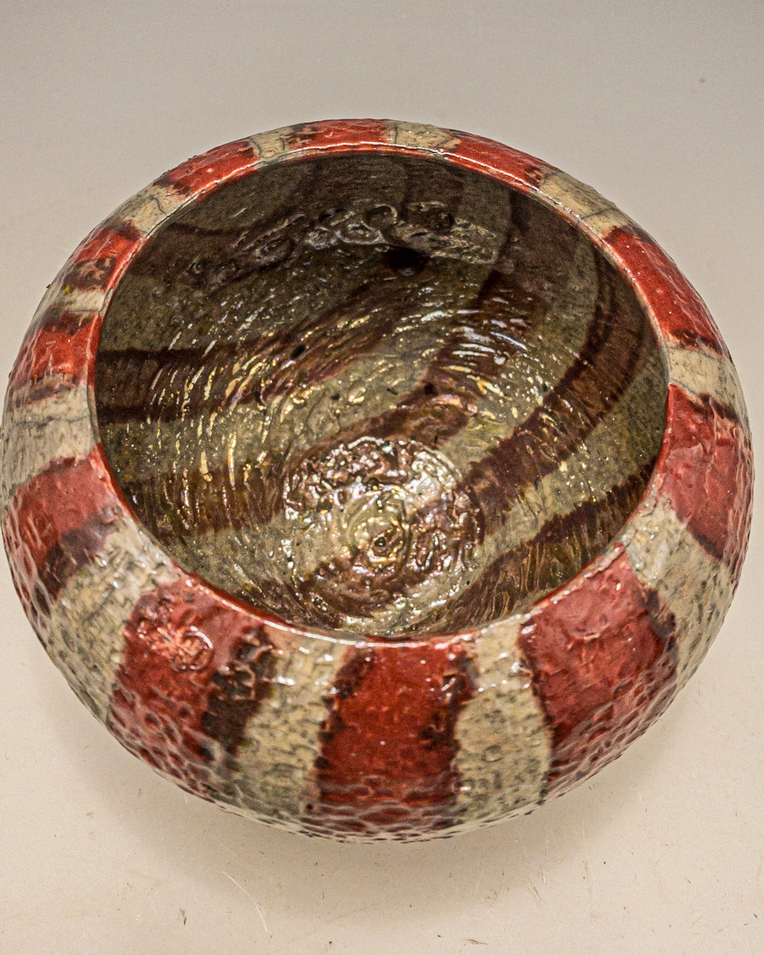 Red and Silver Striped Raku Vase