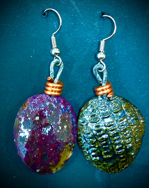 Nice! Raku Metallic purple and copper Luster Textured  Irregular oval dime size 1/2 ounces