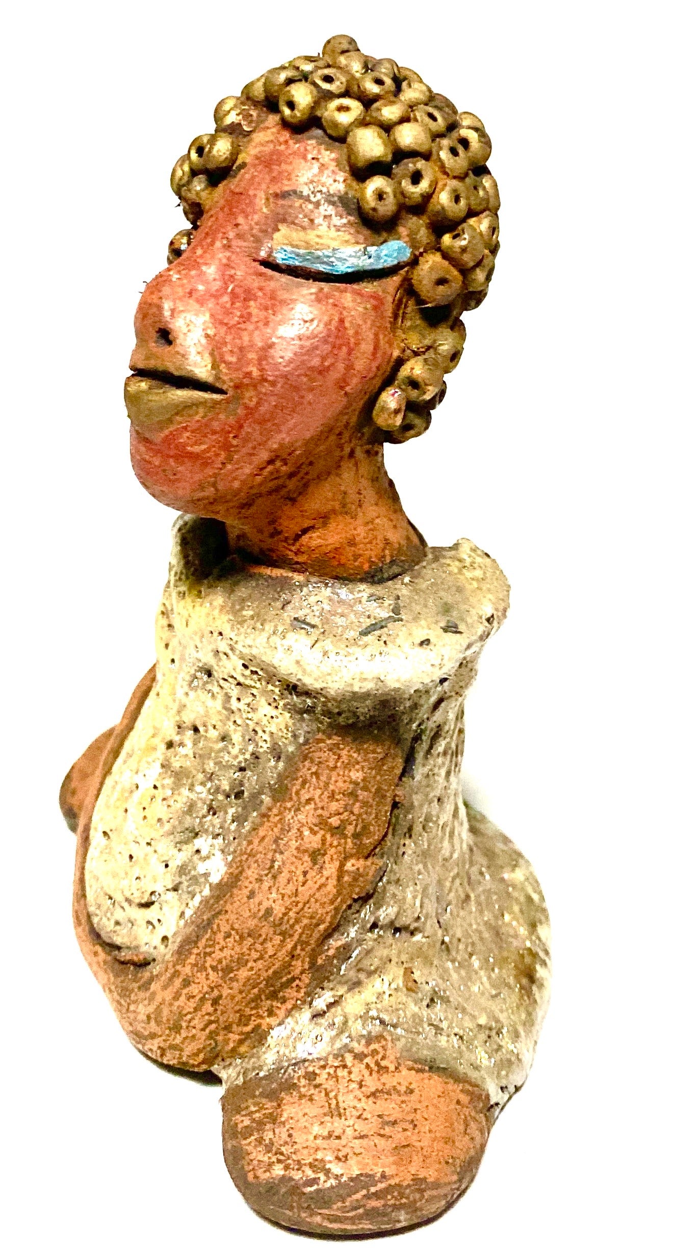 Meet Little Marissa! Marissa stands 4.5" x 4" x 2.5" and weighs 6.7 ozs.  Marissa has a lovely glossy gold dress.  She gold beaded hair. Marissa  appears to sit in a yoga pose. Her long arms rest at her side. Marissa is a great starter piece from the Herdew Collection!